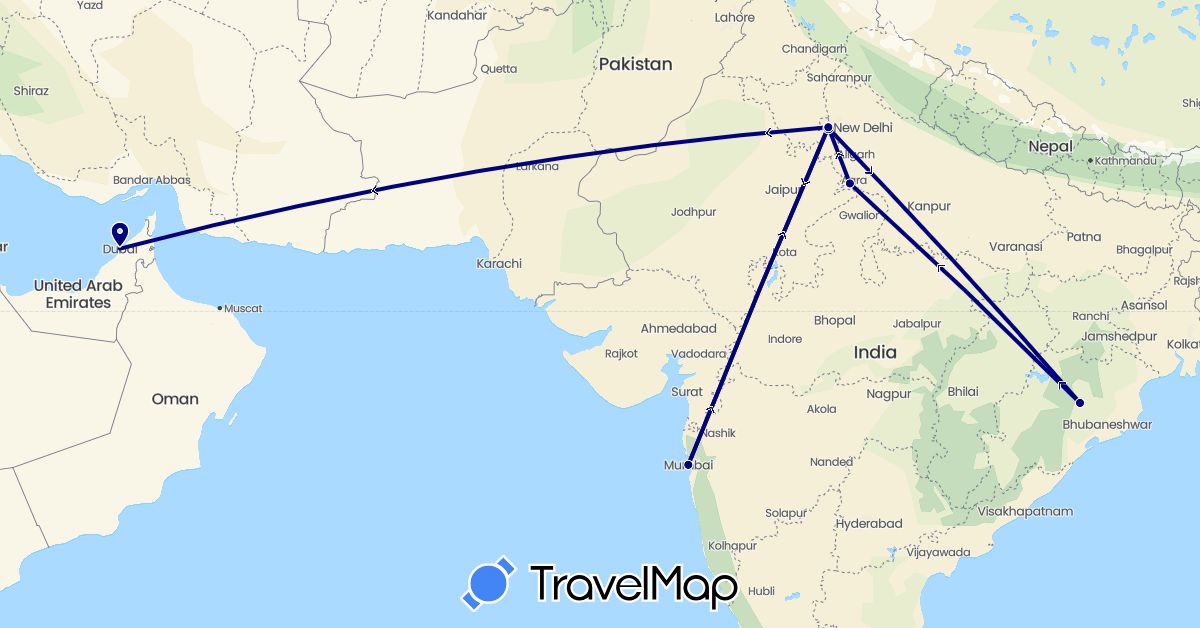 TravelMap itinerary: driving in United Arab Emirates, India (Asia)